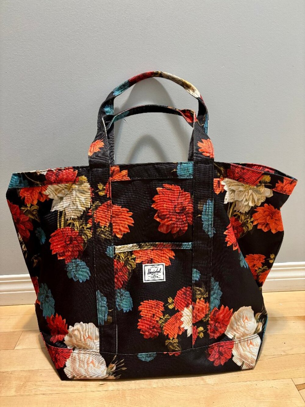 Herschel Extra Large Tote Bag Black with Floral Pattern
